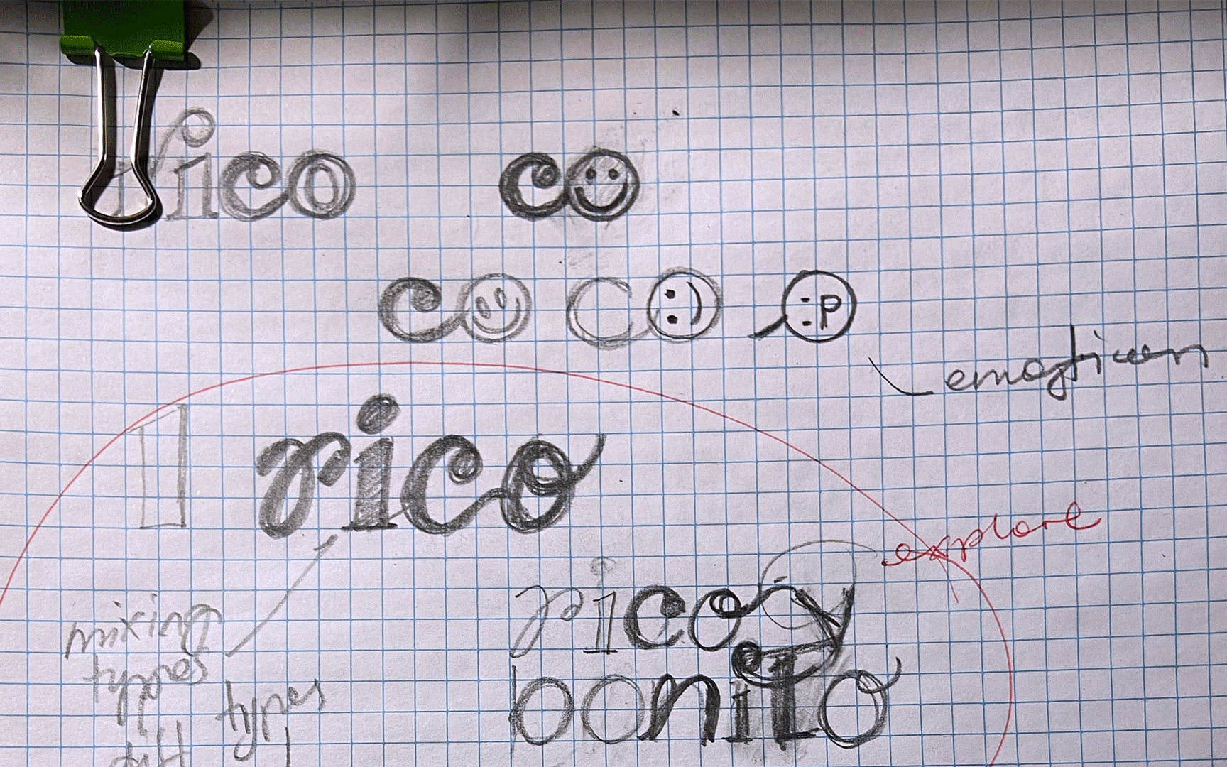 Animation showing the construction of the Rico y Bonito logo, from the first pencil sketches to the digital refinement of the details.