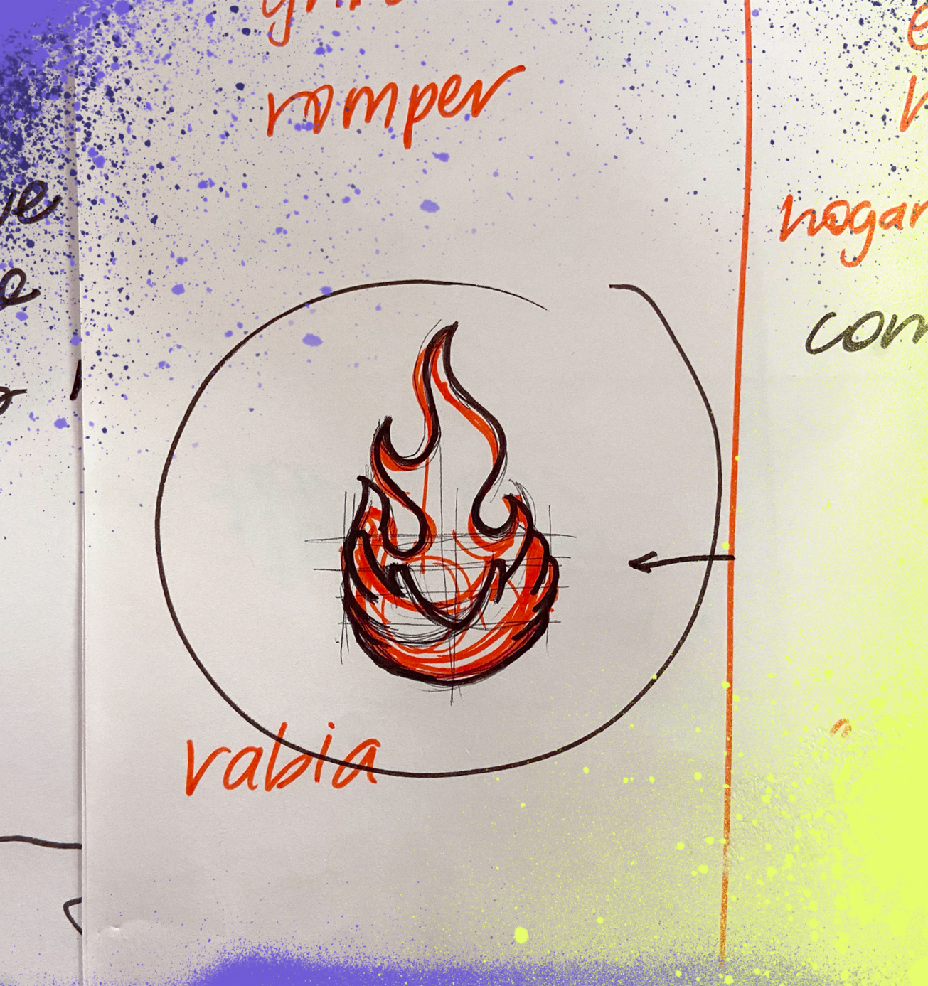 Photograph of lined and illustrated sheets showing the first sketch of the Luchadoras visual identity's imagotype.