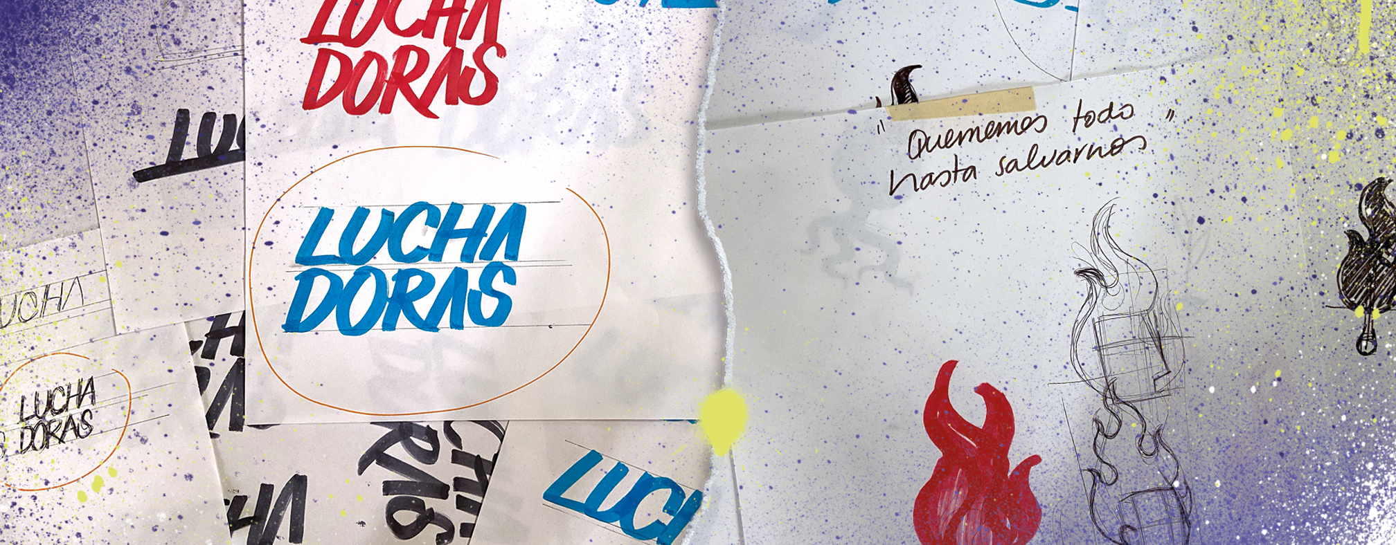 Photograph of sheets showing iterations of the Luchadoras logo and sketches of its imagotype.