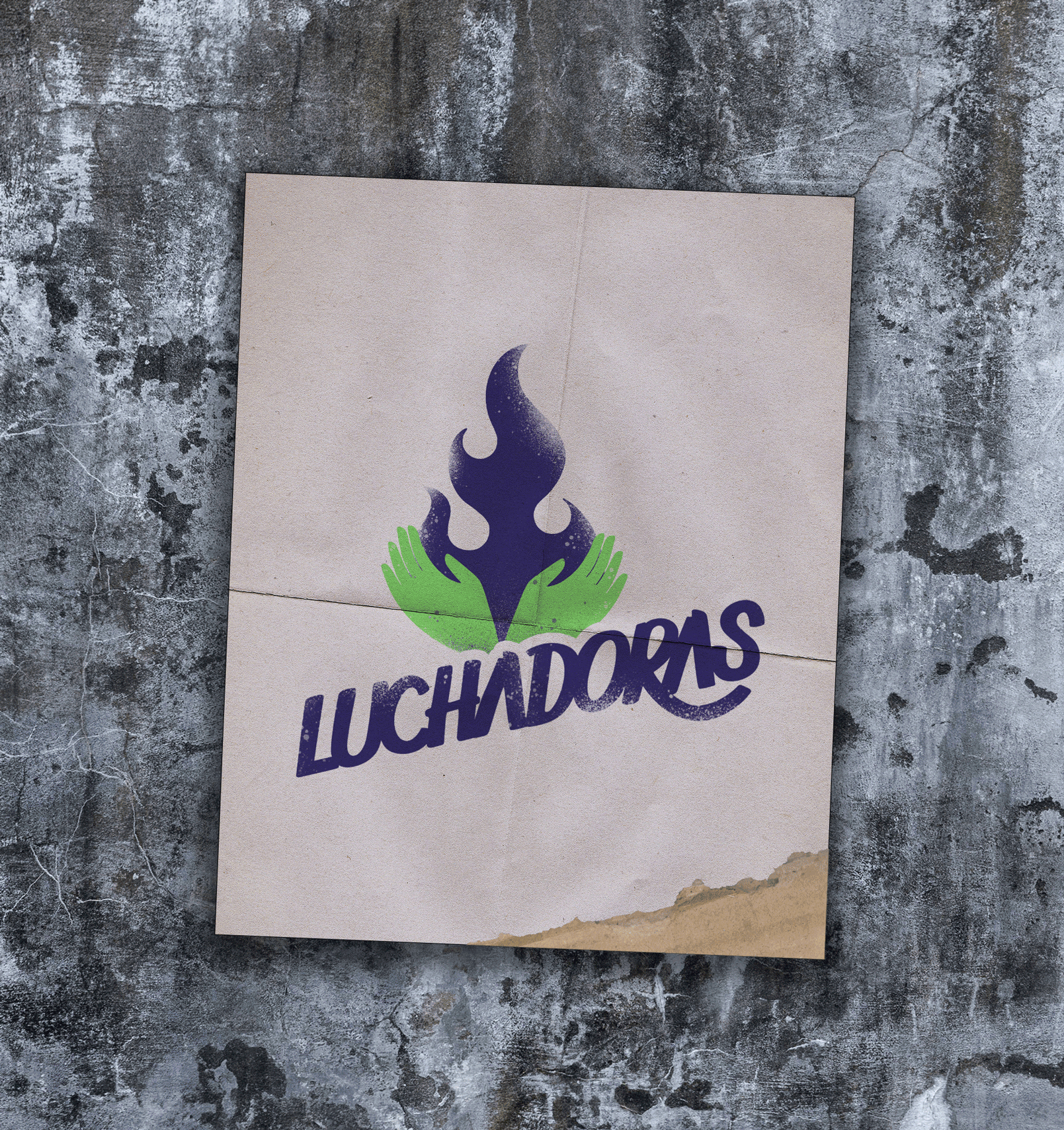 Animation of the Luchadoras visual identity applied to posters, showing its different colour variations against a wall background.
