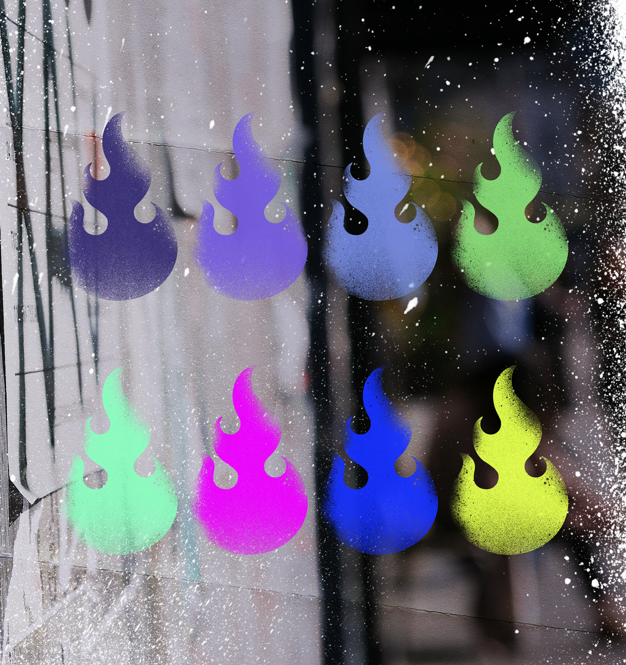 Luchadoras colour palette: three shades of purple, two shades of green, bright pink, bright royal blue and fluorescent yellow.