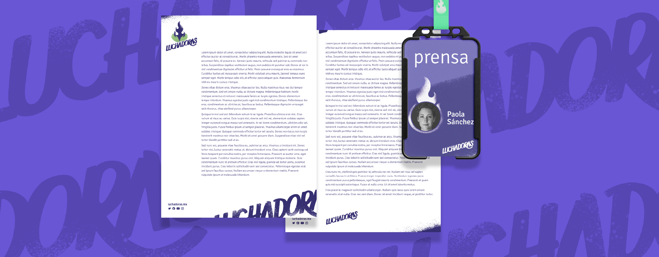 Letterheads and a press pass featuring the Luchadoras visual identity.