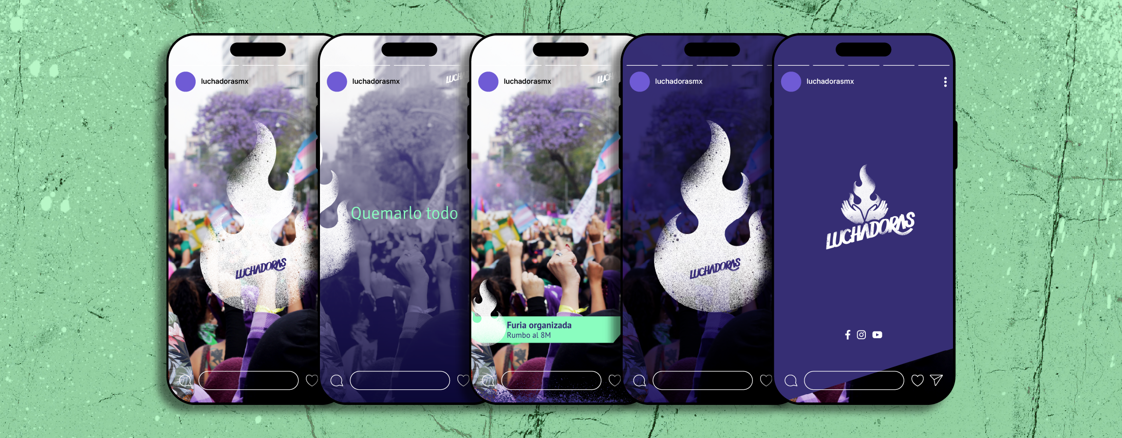 Mobile phone screens showing the Luchadoras visual identity applied to videos.