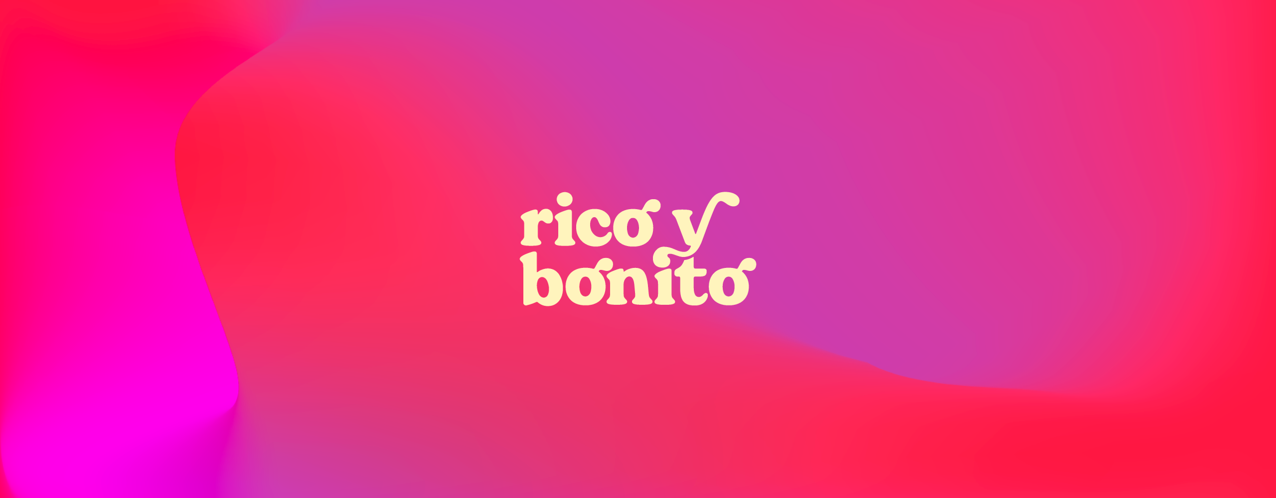 Rico y Bonito logo in pale yellow against a background with a pink and red gradient.