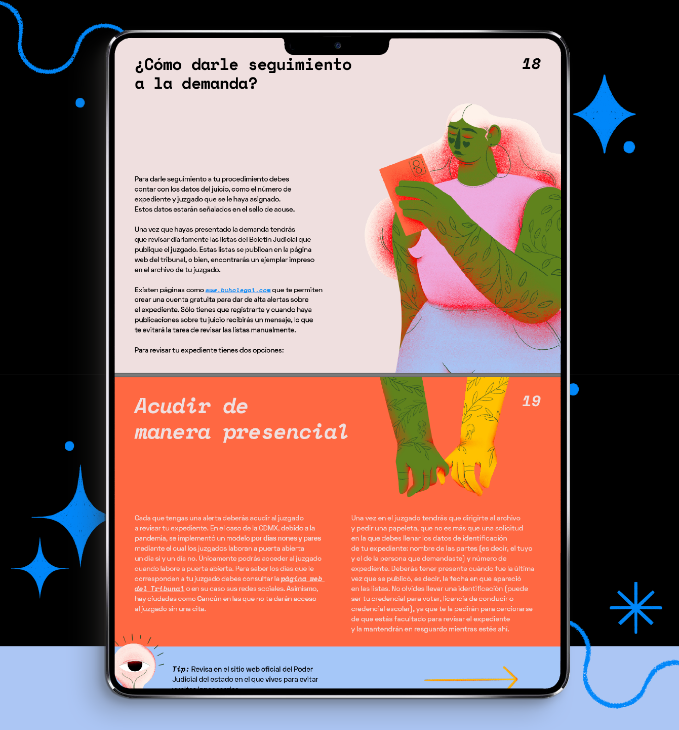 Project illustrations applied to the editorial design of the digital guide, displayed on an iPad against a black background with colourful decorative elements.
