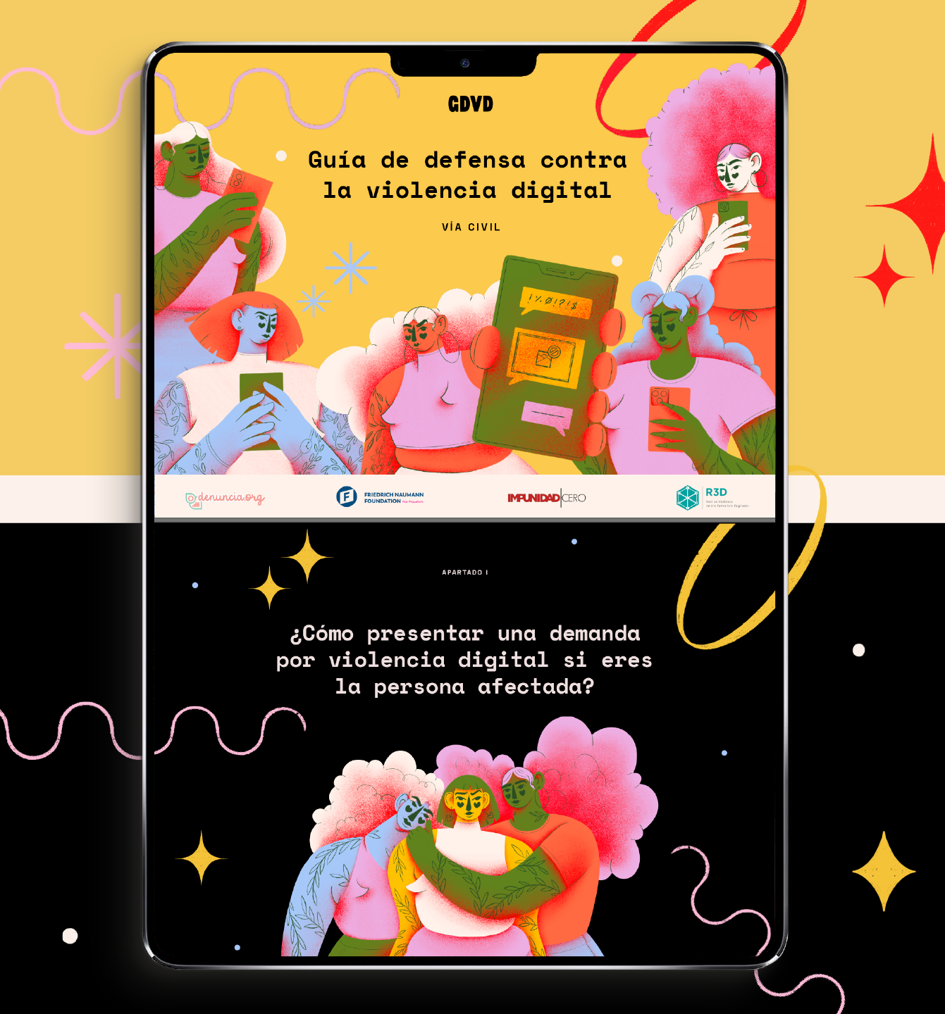 Project illustrations applied to the editorial design of the digital guide, displayed on an iPad against a yellow and black background with colourful decorative elements.