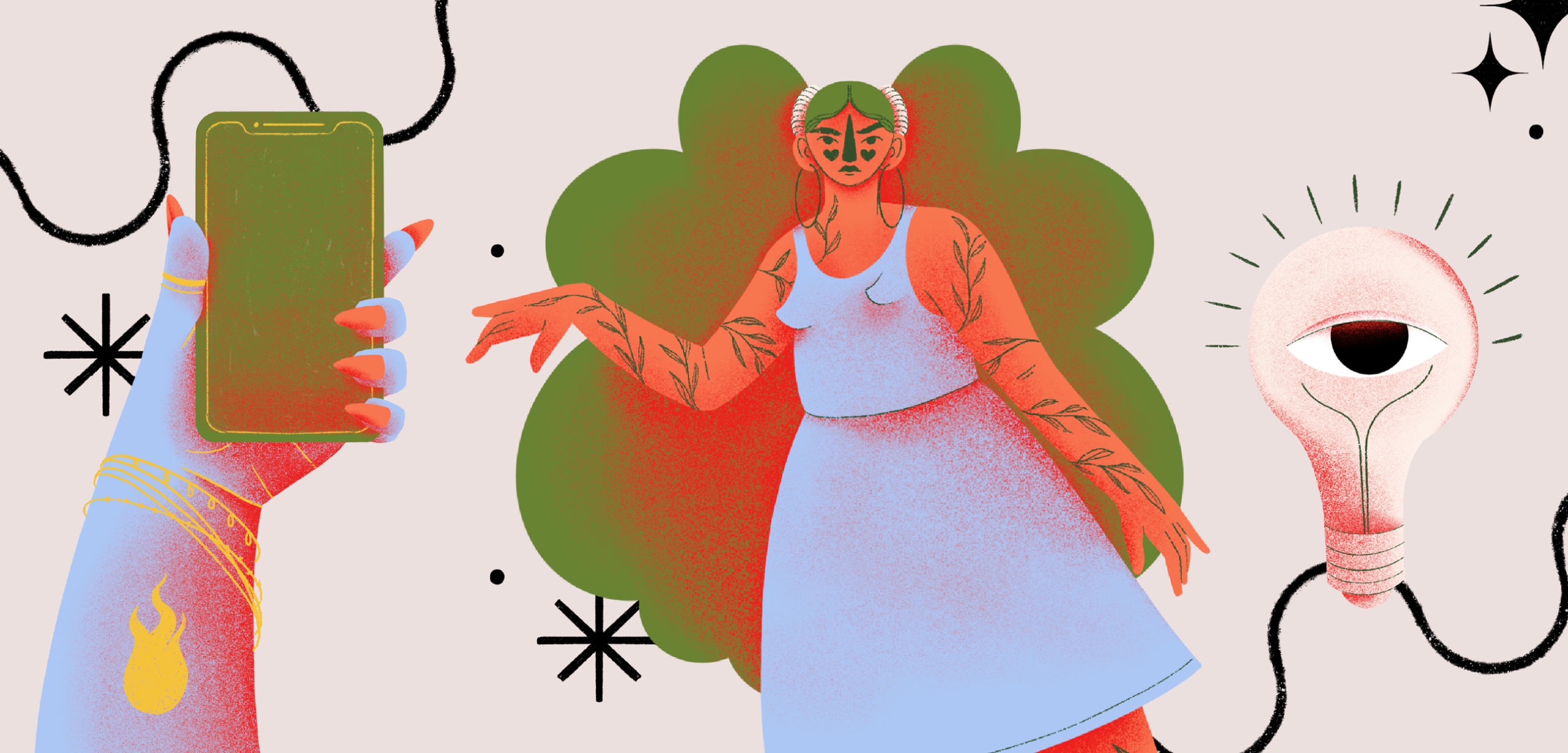 Composition of illustrations: a hand with bracelets, tattoos and long nails holds a mobile phone; a woman with curly hair and tattoos appears alongside a light bulb with an eye in the centre.