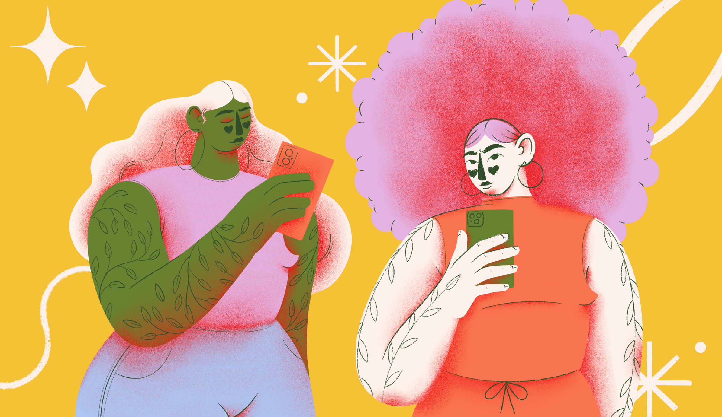 Illustration of two tattooed women holding mobile phones.
