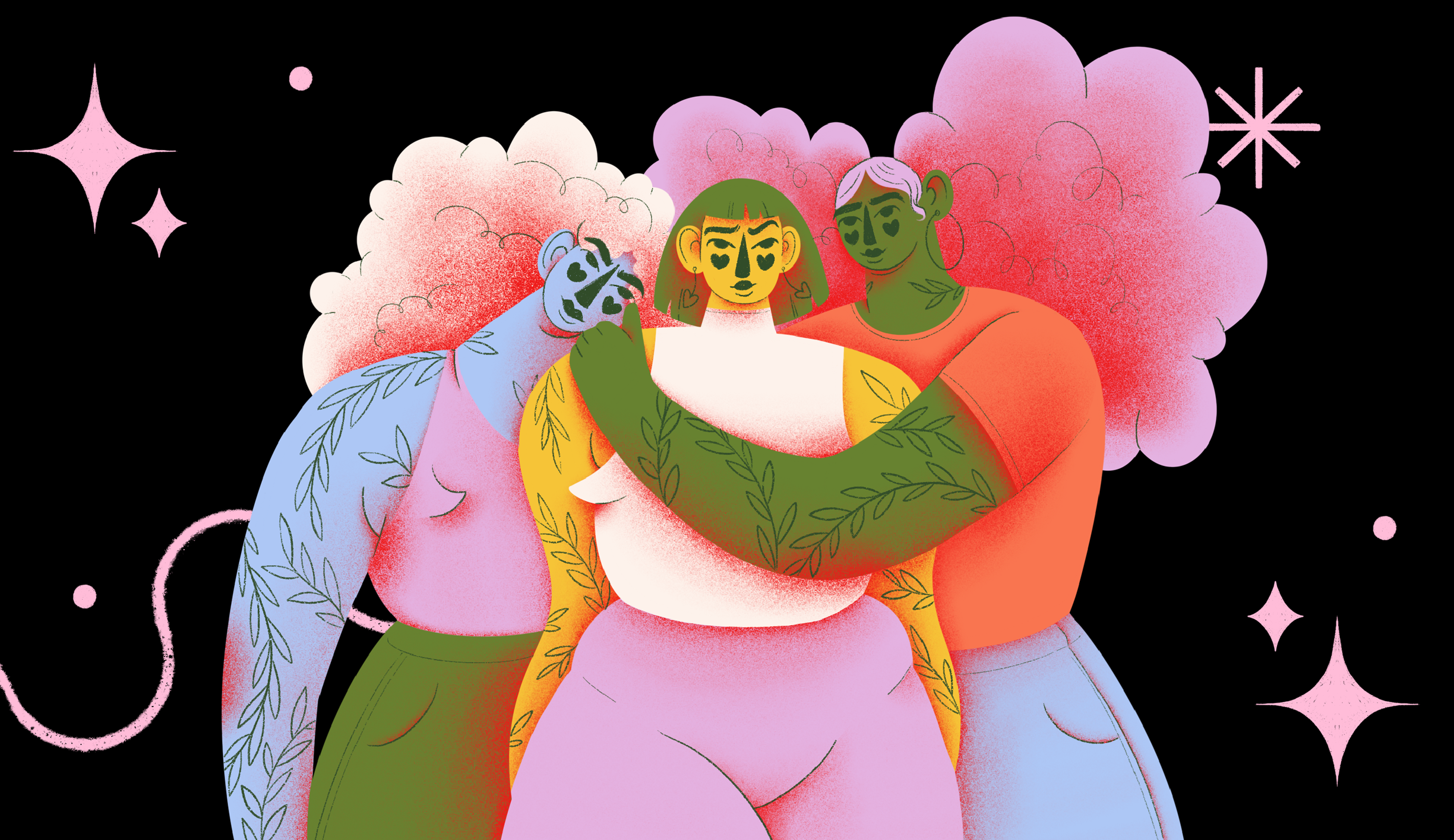 Illustration of three tattooed women in different colours embracing against a black background with pastel pink decorative graphic elements.