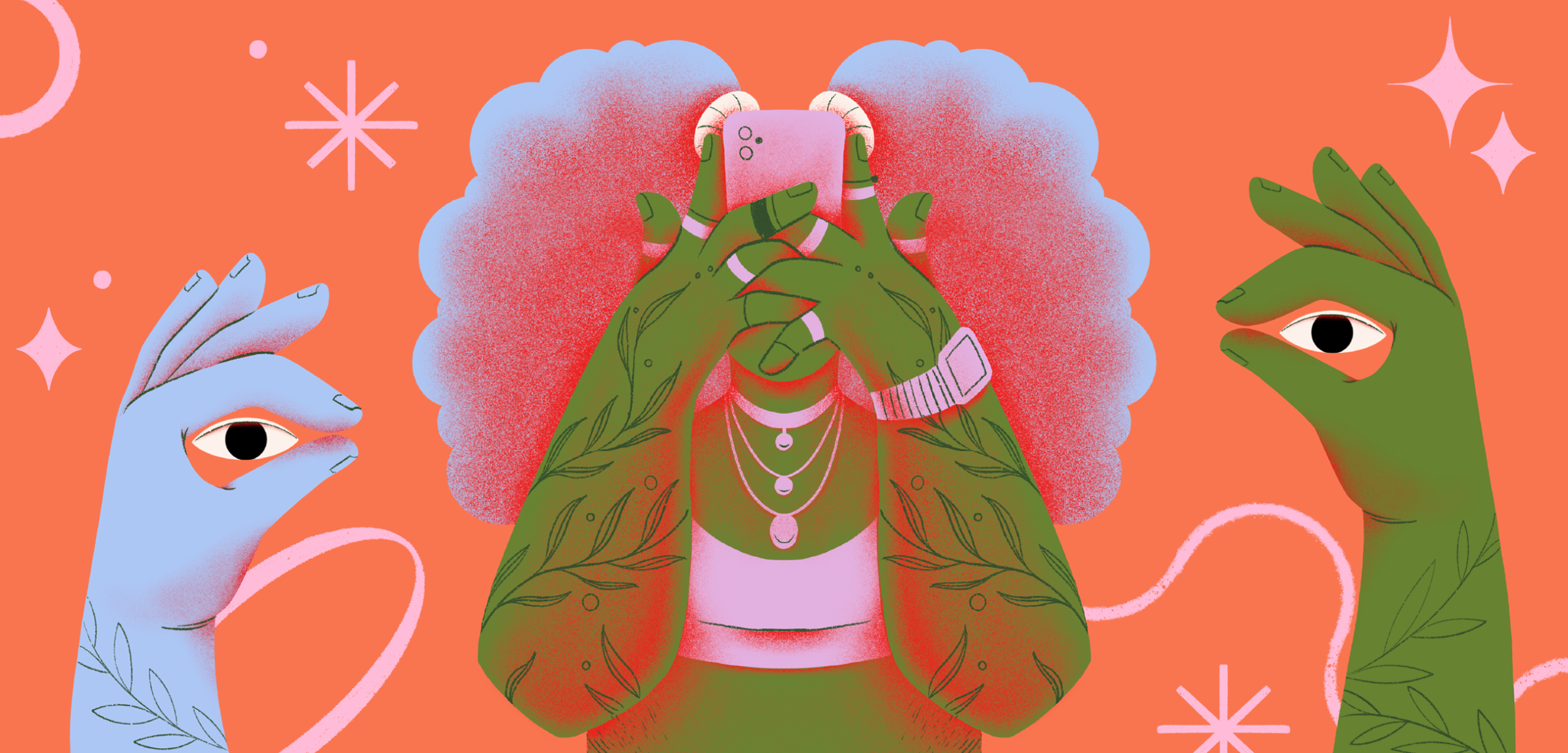 Illustration of a woman in the centre, with curly hair and tattoos, holding a mobile phone with both hands, covering her face. On either side are two tattooed hands, with their thumb and index finger pressed together and with an open eye in the space between them.