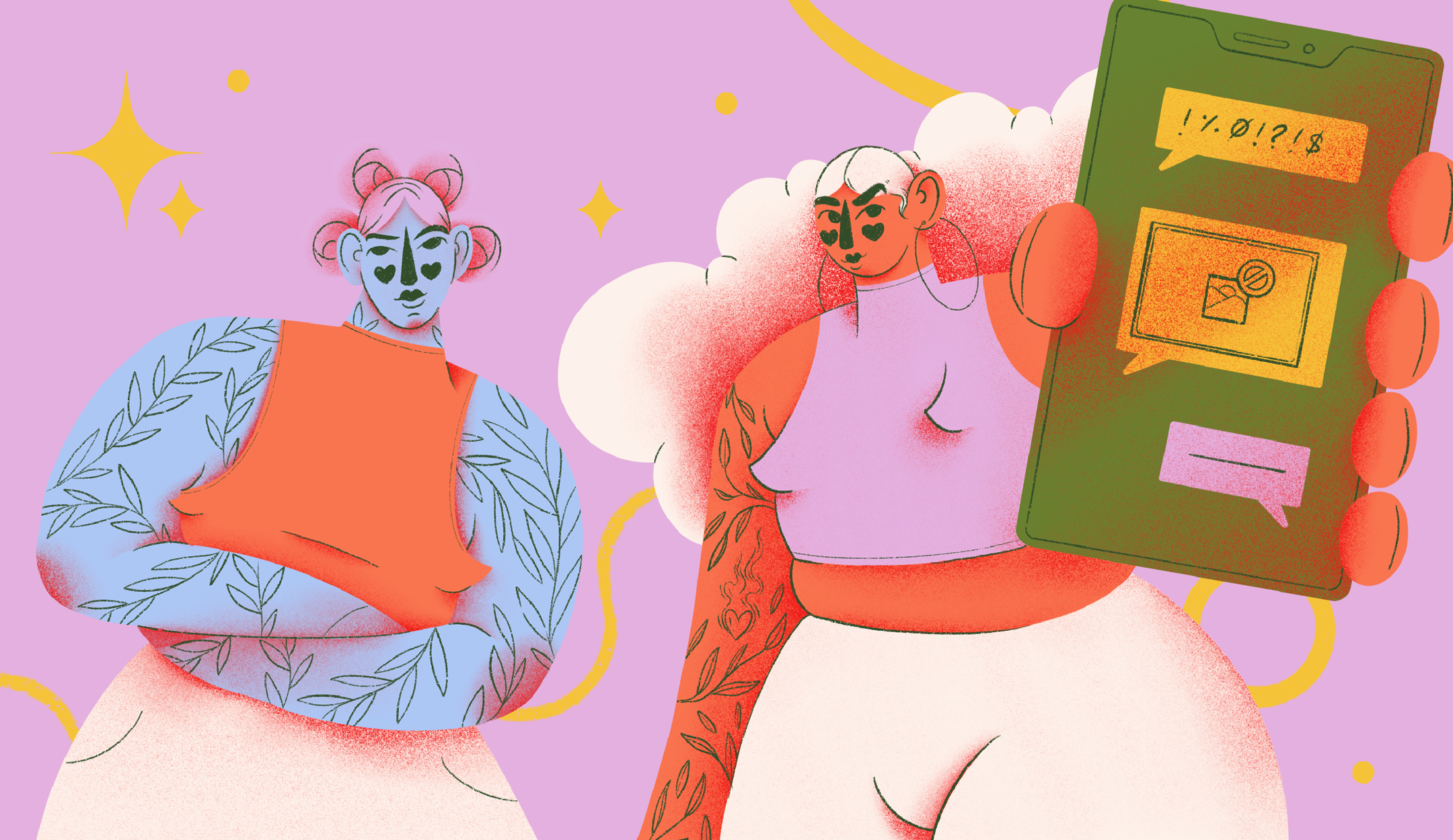 Illustration of two tattooed women: one in a defiant pose and the other showing a conversation on her mobile phone screen.