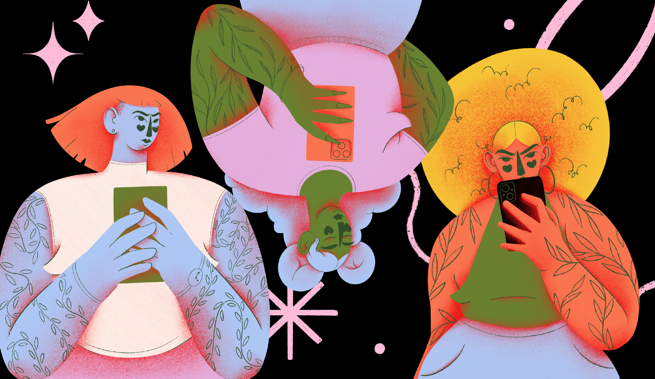 Illustration of three women holding mobile phones.