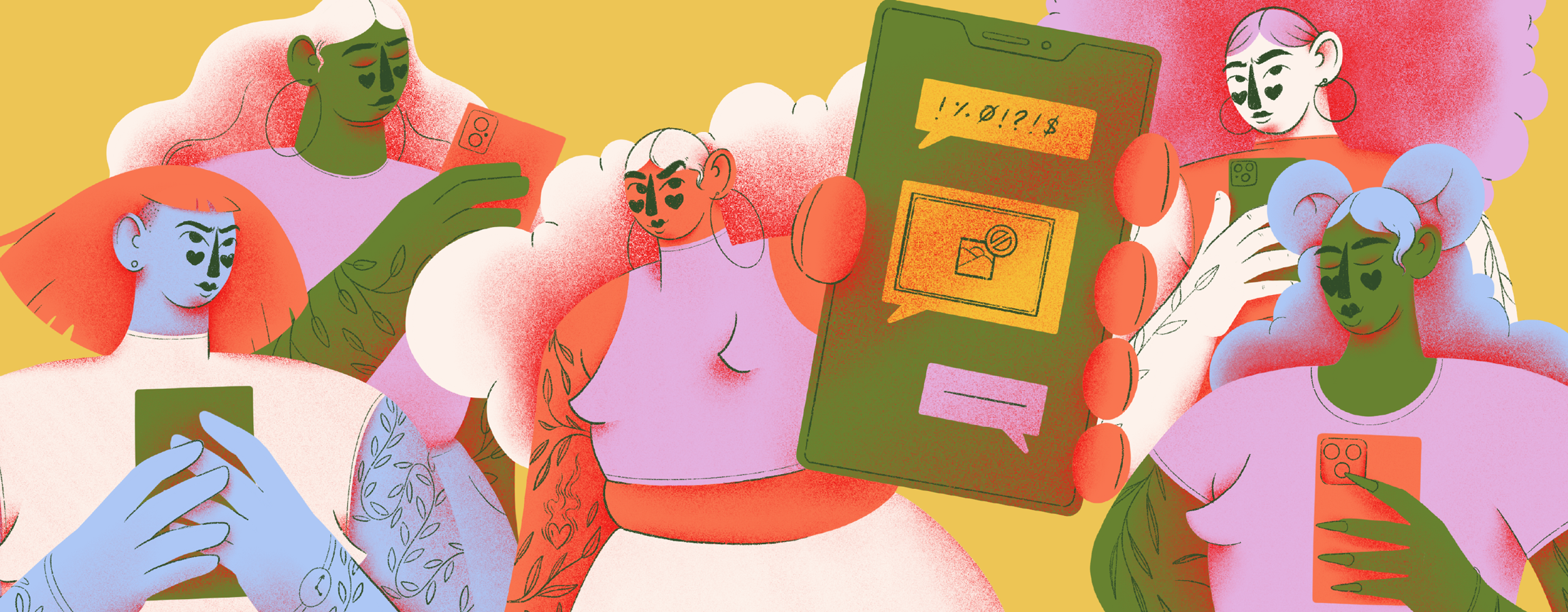 Illustration of five tattooed women holding mobile phones. The woman in the centre holds hers with the screen facing forwards. The illustration uses blue, green, pink and white.