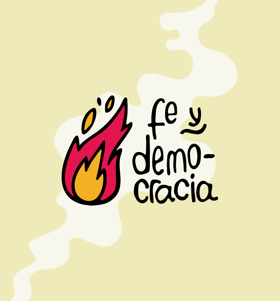 Fe y Democracia visual identity on a light background and an organic shape.