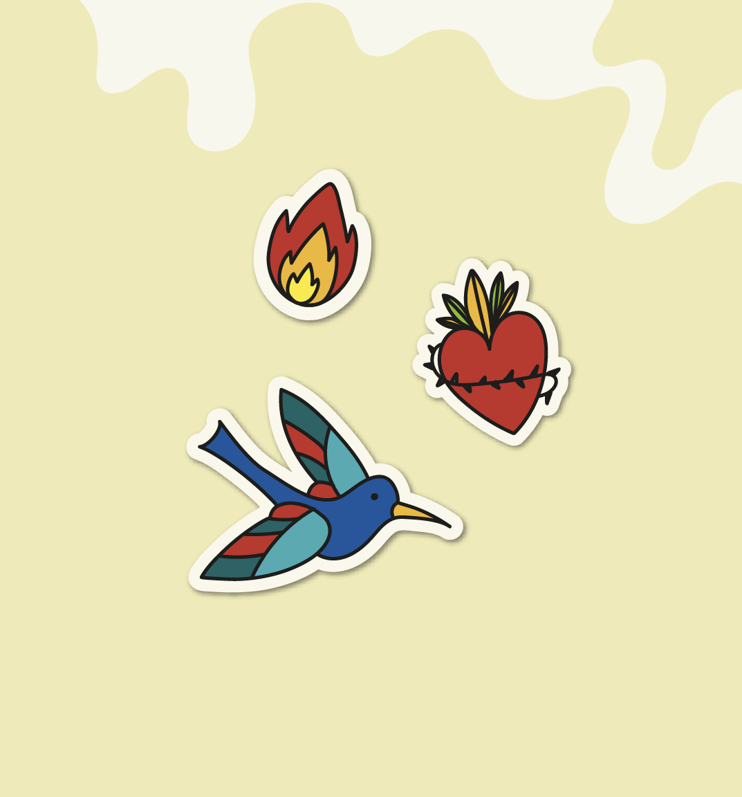 Graphic elements from the visual identity applied as stickers on a light background.