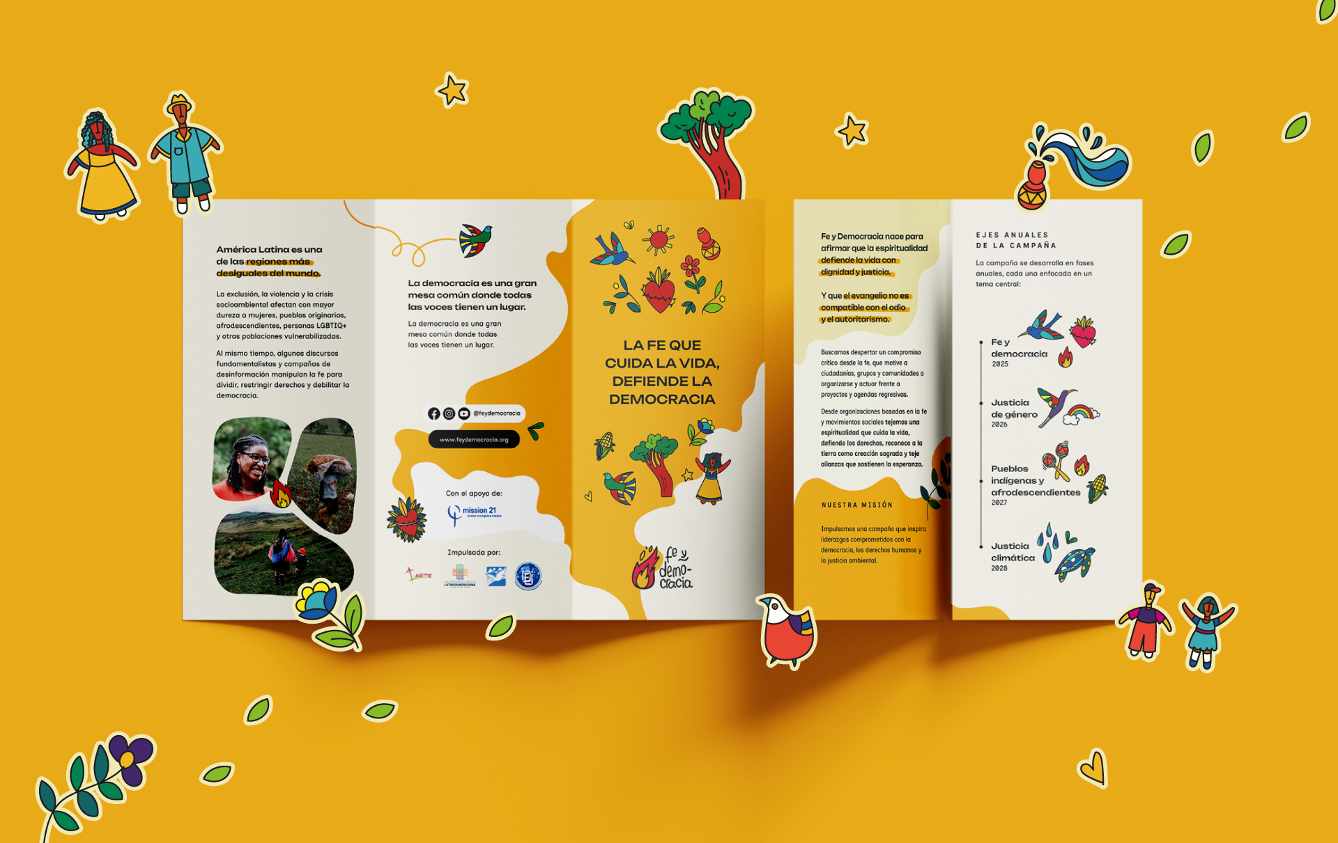 Editorial design of an informational campaign leaflet, with the visual identity applied against a yellow background.