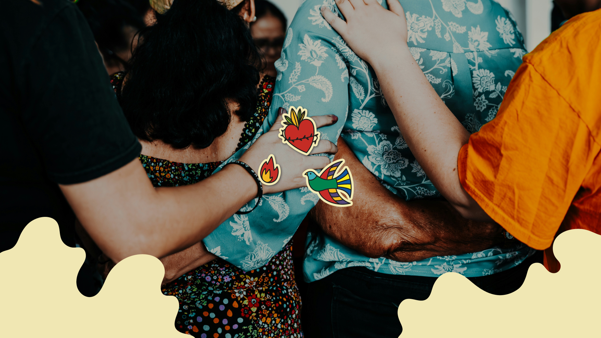 Graphic elements from the Fe y Democracia visual identity applied to a photograph of people of different ages and skin tones embracing. The elements consist of three illustrations: a green bird, a heart and a flame.
