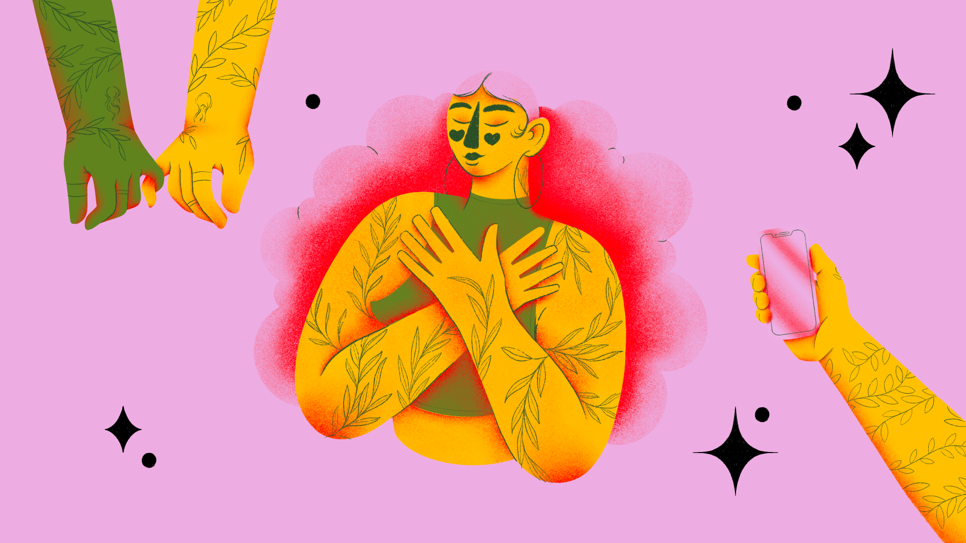 Illustration of a tattooed woman hugging herself, with her eyes closed and a peaceful expression, against a pastel pink background. On either side are hands holding each other and holding mobile phones.